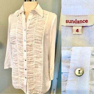 Sundance White Blouse Ruched Size 4 S Casual beach chic tunic Summer Cotton Top